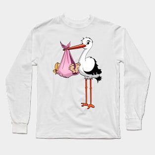 The stork who delivers the baby girl. Vector gender illustration. Long Sleeve T-Shirt